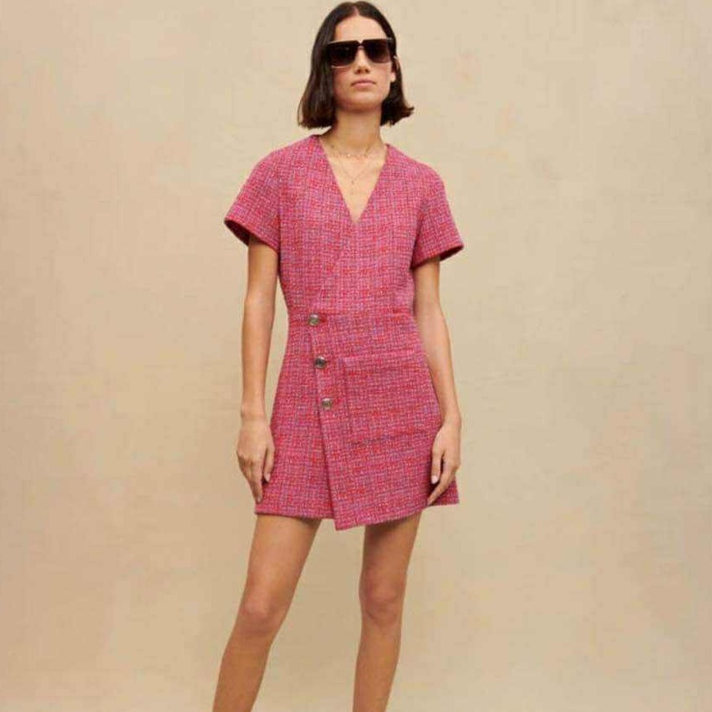 Sandro Paris Pink Tweed Wrap Mini Dress FR 36 US 4
